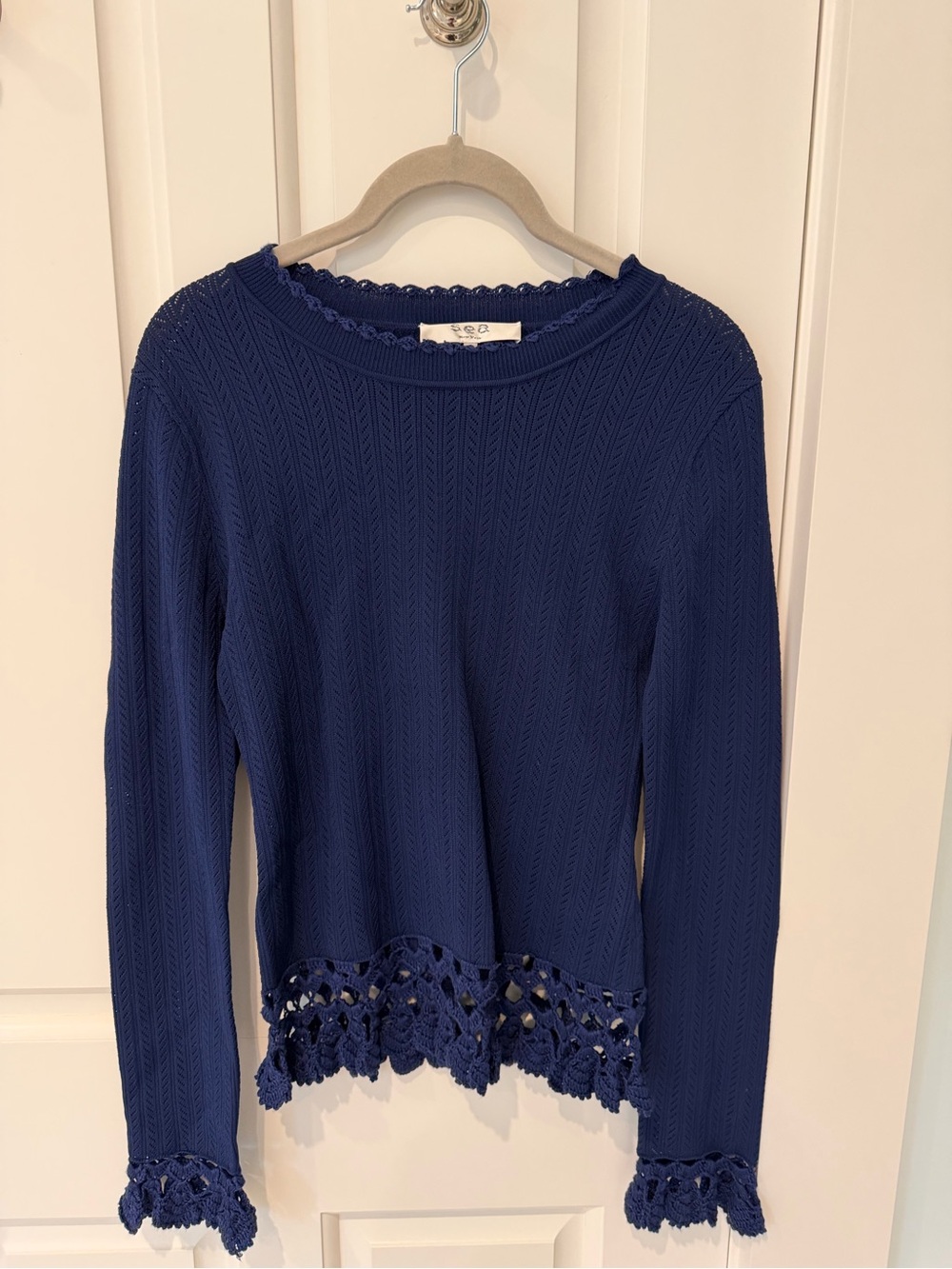 Sea Navy Blue Crochet-Hem Long Sleeve Sweater